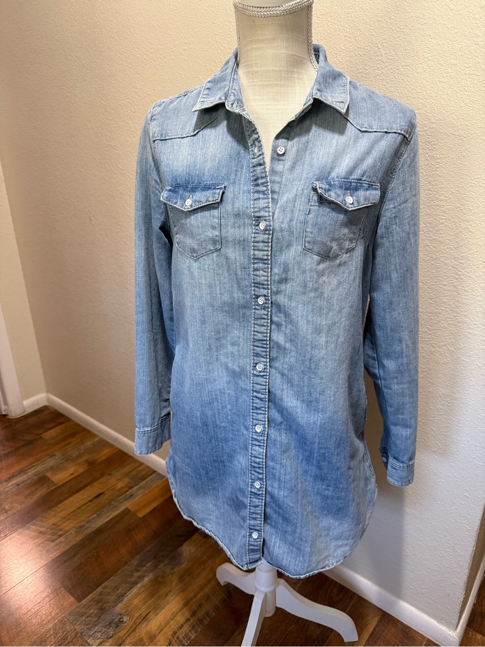 Blugirl- Light Wash Distressed Denim Button-Down Dress/Long Shirt - Size Small